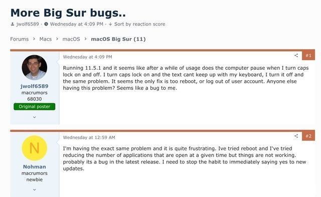 os|苹果Big Sur出现大范围bug，capslock键造成卡顿