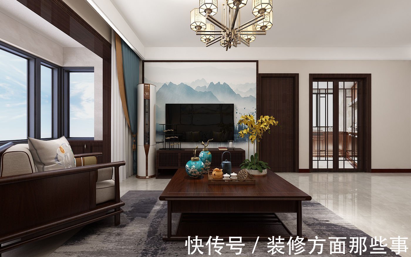 中式风格|95平中式风二居室,蓝色和黄色作对比,赋予空间表现力