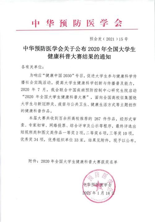 中华预防医学会关于公布2020年全国大学生健康科普大赛结果的通知