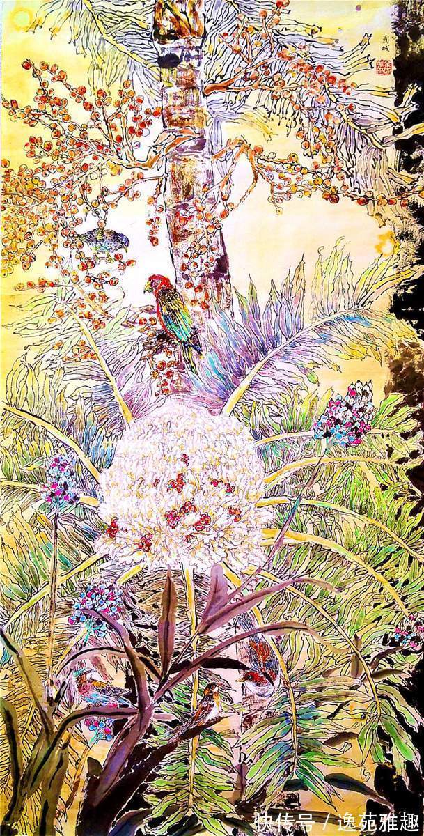 纸本设色#「画作欣赏」岁华绘花又绘鸟,时光爱鸟更爱人,余国城画作欣赏