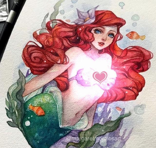 国风|水彩手绘风的迪士尼公主,艾莎美得很冷艳,花木兰国风韵味很漂亮