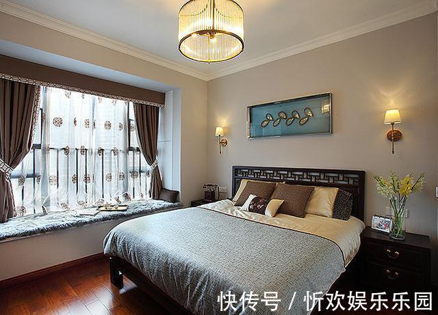 飘窗|全屋9万装新中式,只用蓝色木线装吊顶,照样轻奢又大气