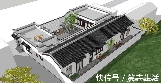 坡屋面|一层三合院设计，小院+露台，还设有阳光房，真是太会生活了！