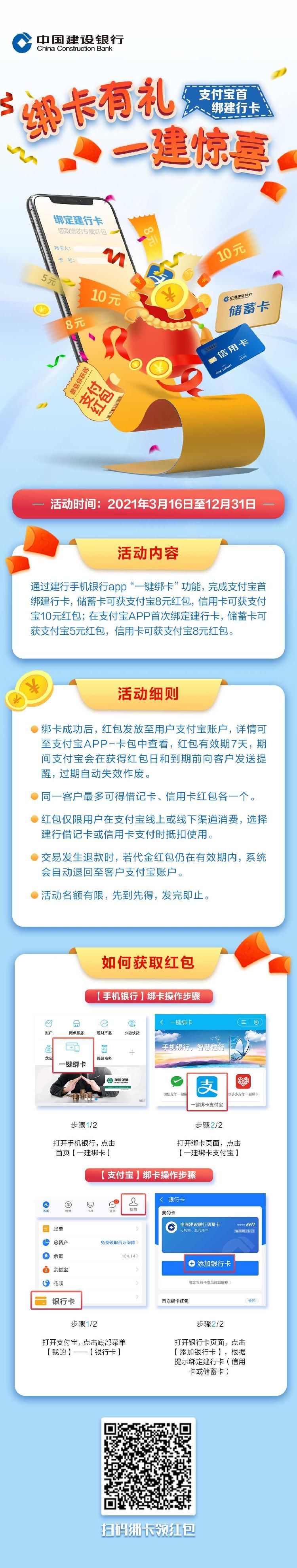 绑卡有礼！支付宝首绑建行卡可领红包