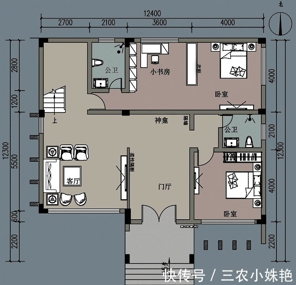 卧室|农村自建12.4米三层板式别墅, 6室1厅, 冬天享受阳光的沐浴, 温暖