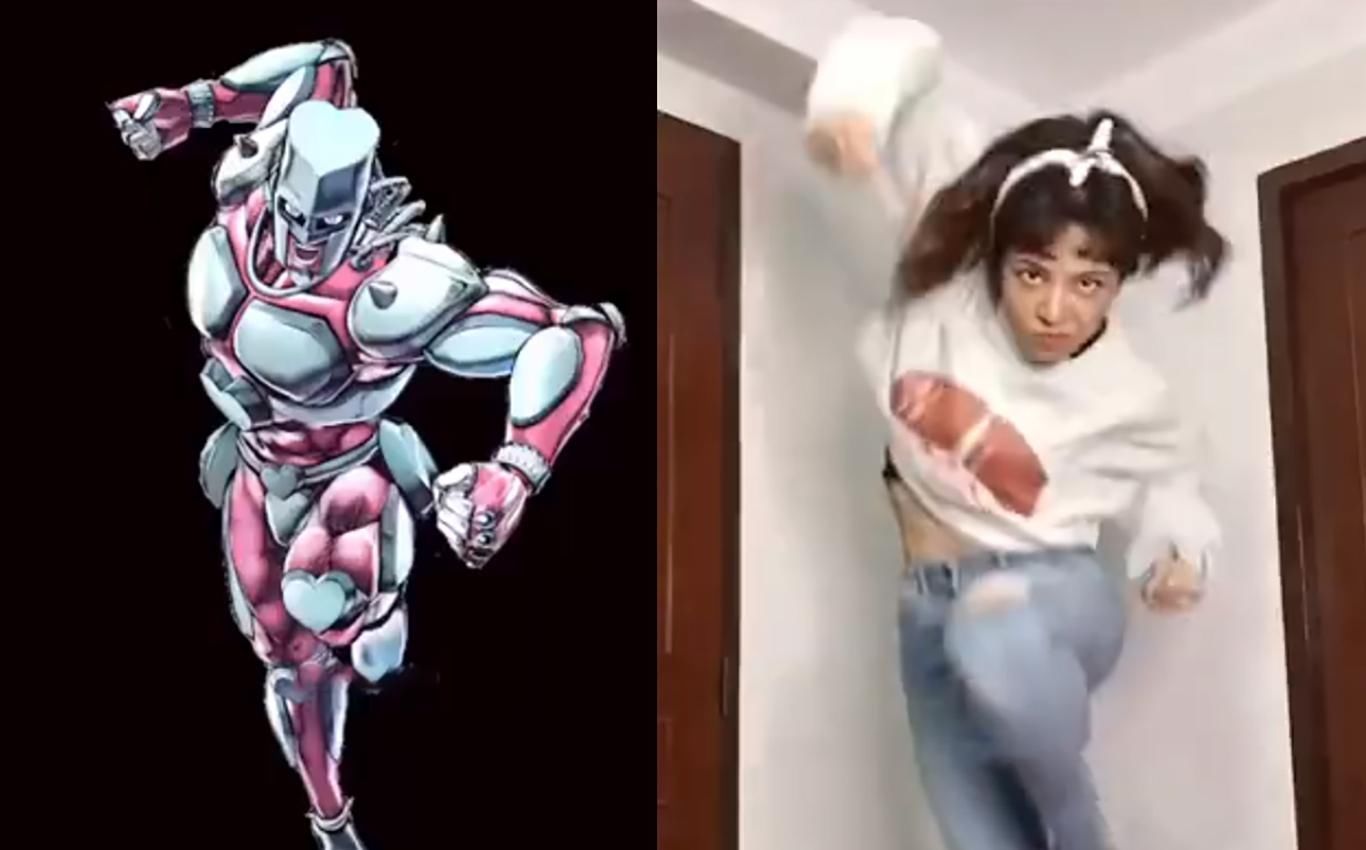 小姐姐|小姐姐模仿高难度JOJO立,奇怪的姿势增加了,拍照再也不怕没Pose