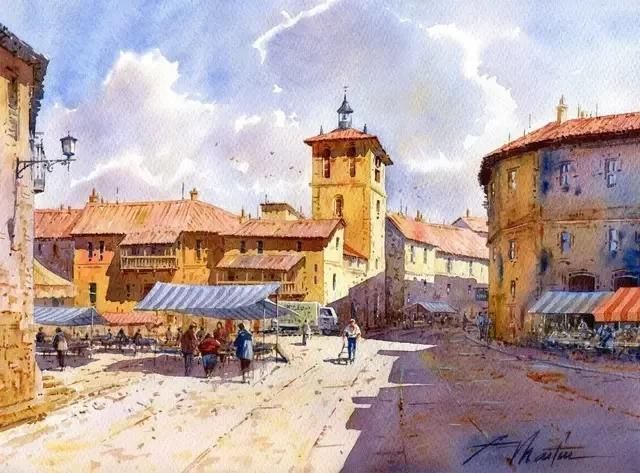 水色|西班牙艺术家的水彩风景画水色交融、生动自然,太迷人了