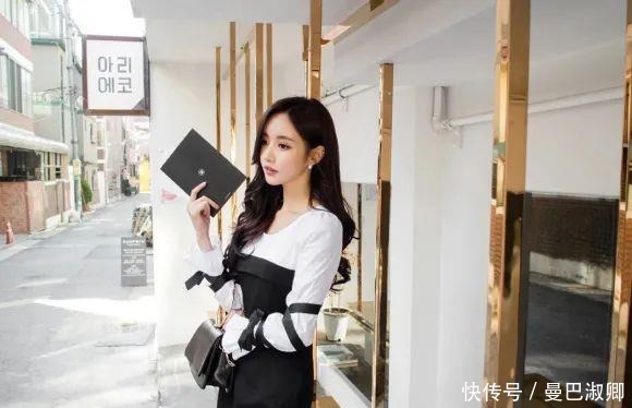 灰白|美人美图孙允珠:灰白清新藤蔓袖带韩版连衣裙!