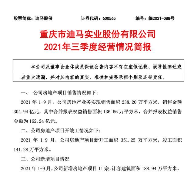 房地产|迪马股份1-9月销售金额约305亿 新增房地产项目11宗