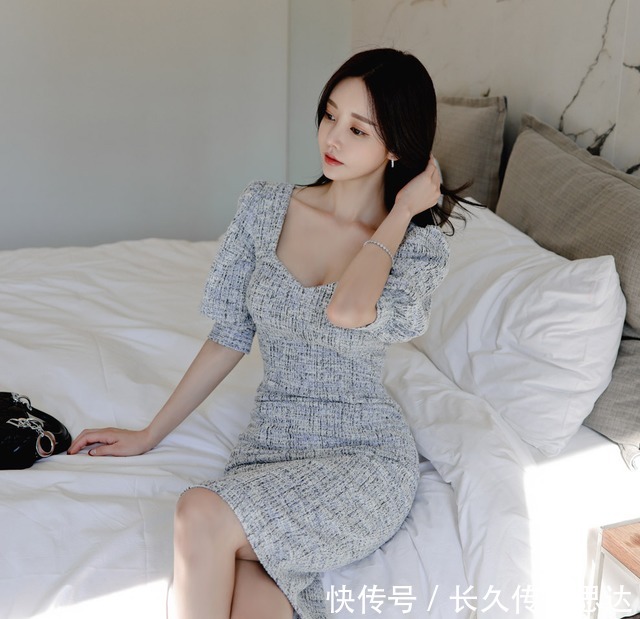 雅灰莫妮卡阔领半分袖连衣裙，打造孙允珠稳重优雅