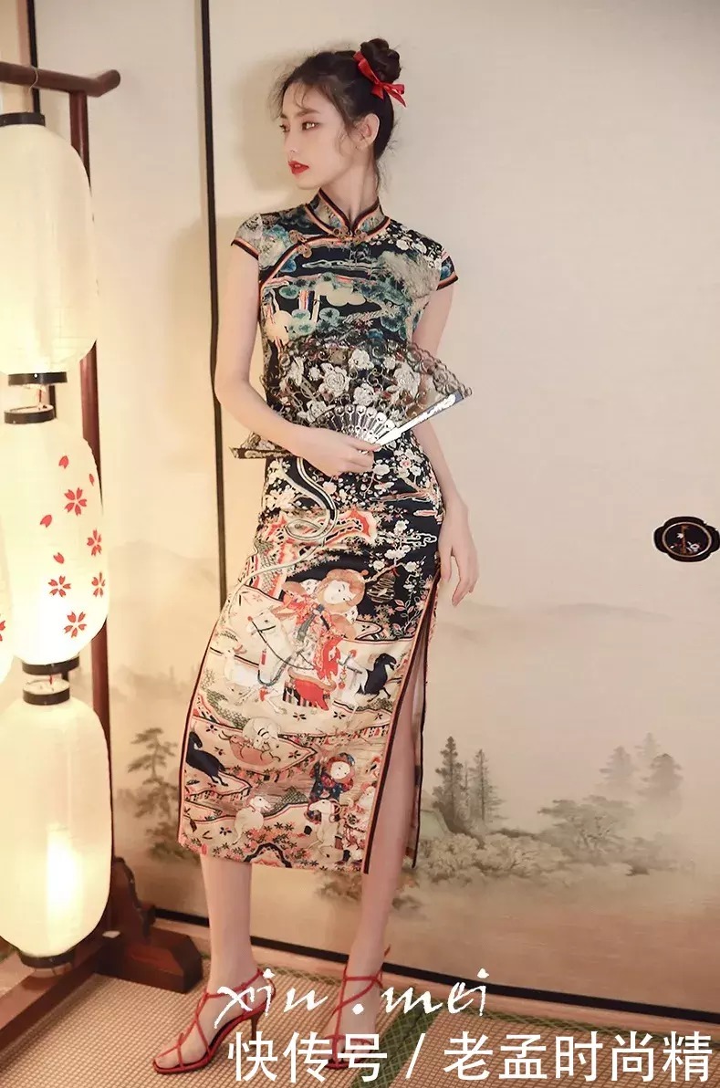 旗袍女人: 长款少女旗袍, 国潮短裙, 烈焰红唇丸子头, 美艳可爱