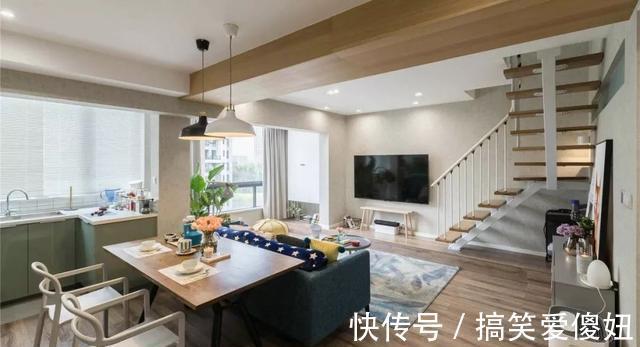 电视柜|85㎡小复式，开放式客餐厨十分敞亮，木凳电视柜个性又可爱