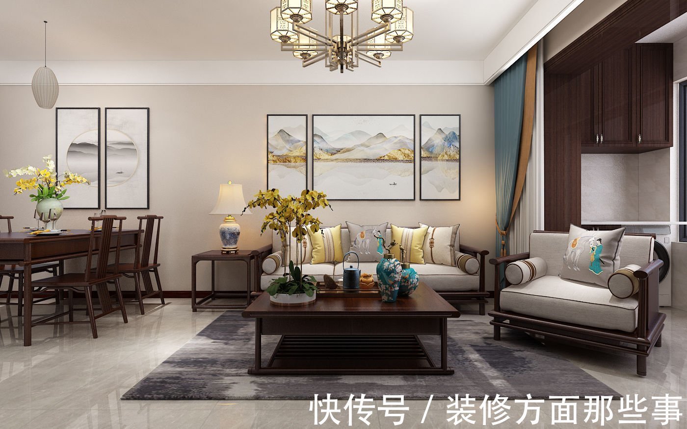 中式风格|95平中式风二居室,蓝色和黄色作对比,赋予空间表现力