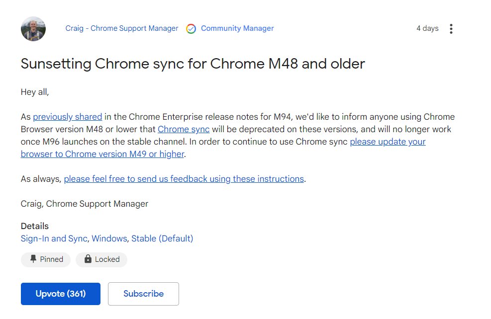 me|谷歌将停止 Chrome 48 及更早版本的数据同步功能