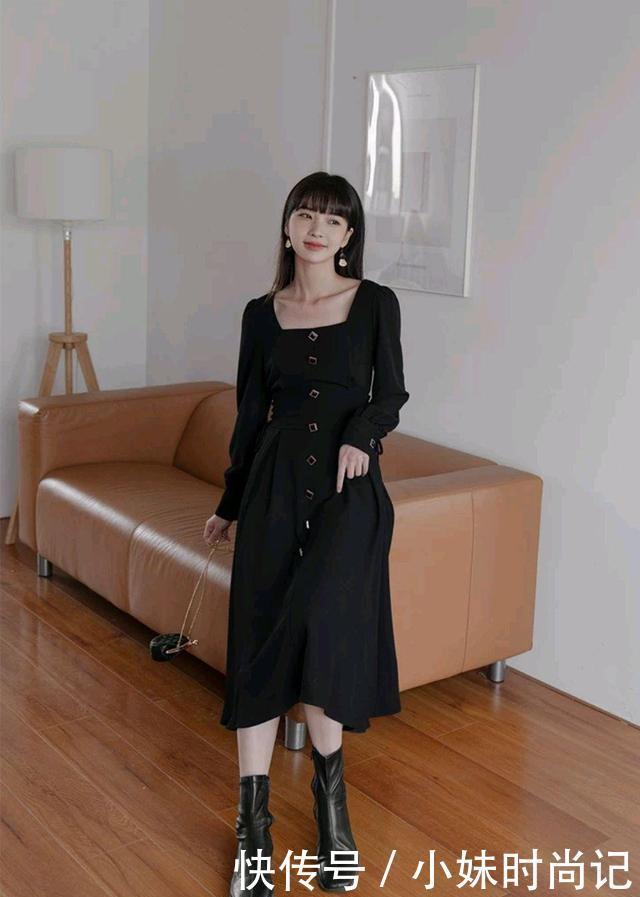 “黑色长裙+黑色靴”, 是春天很流行的搭配组合, 显瘦又洋气!