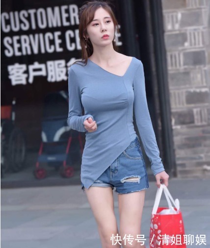 简约|斜边长袖T恤搭配牛仔短裤, 简约大气, 气质高雅