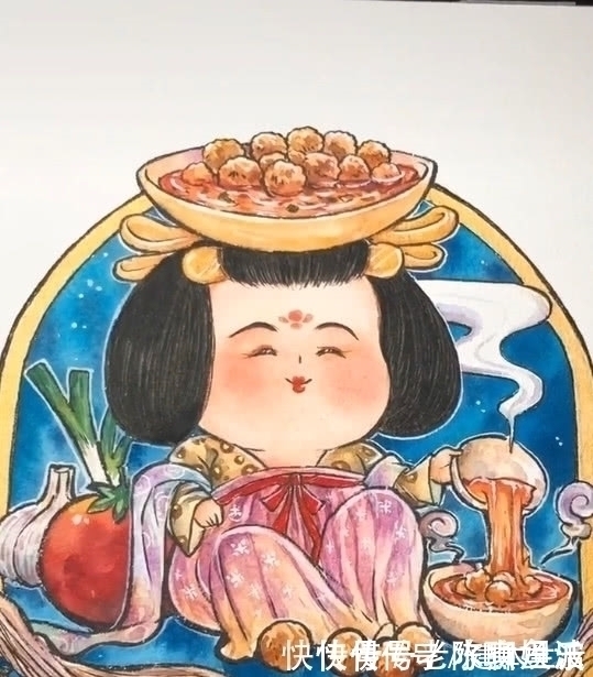 美术生画@美术生画萌版杨贵妃,身边全都是美食,网友:你这是放毒啊