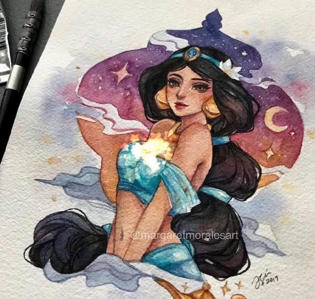 国风|水彩手绘风的迪士尼公主,艾莎美得很冷艳,花木兰国风韵味很漂亮