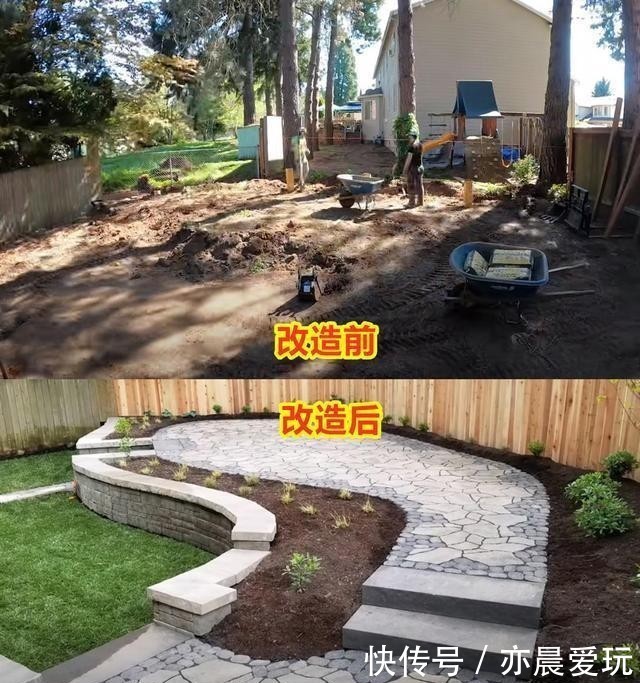 台阶|铺石板路砌台阶,荒芜庭院经过10天改造,一半花园一半休闲