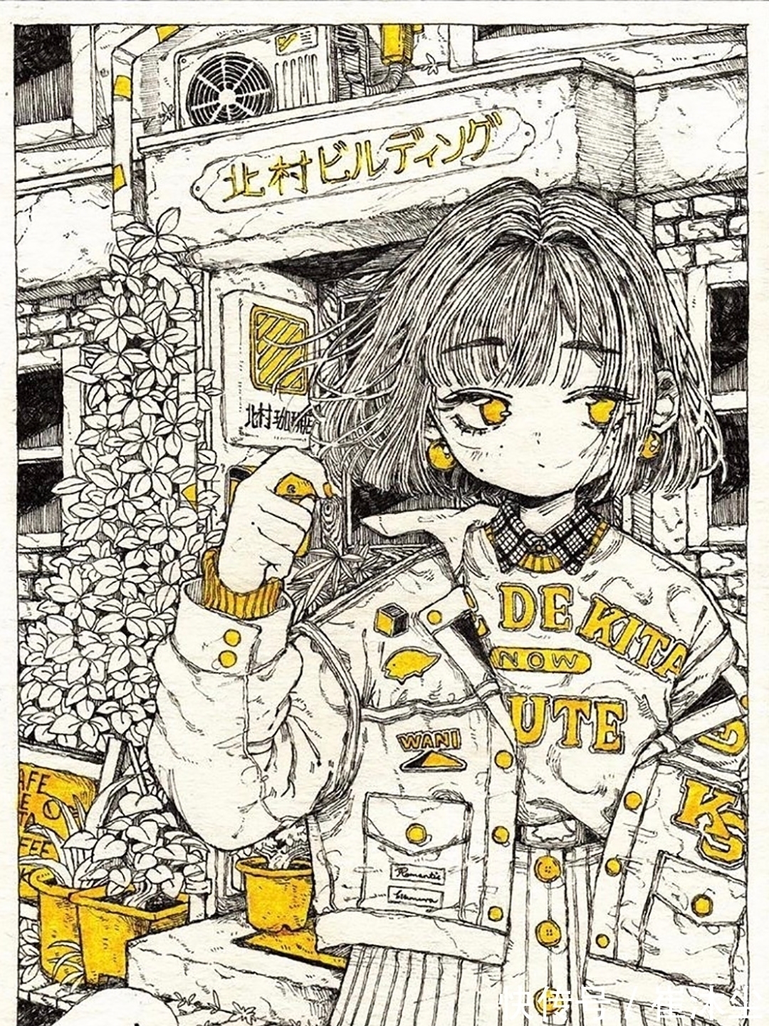 少女插画#线条感极强的少女插画，加一点黄色点缀非常的好看