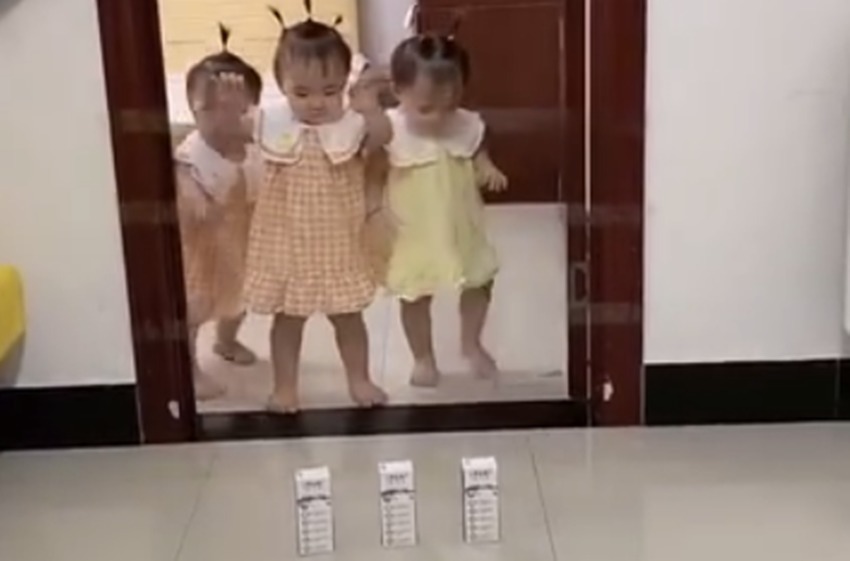 神经元|妈妈在门前放了三喝奶并设置一道障碍,三胞胎宝宝拿奶的方式亮了