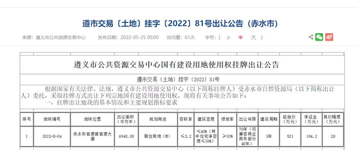 乐居买房讯|土拍预告丨赤水官渡镇政府西侧一宗居住用地挂牌