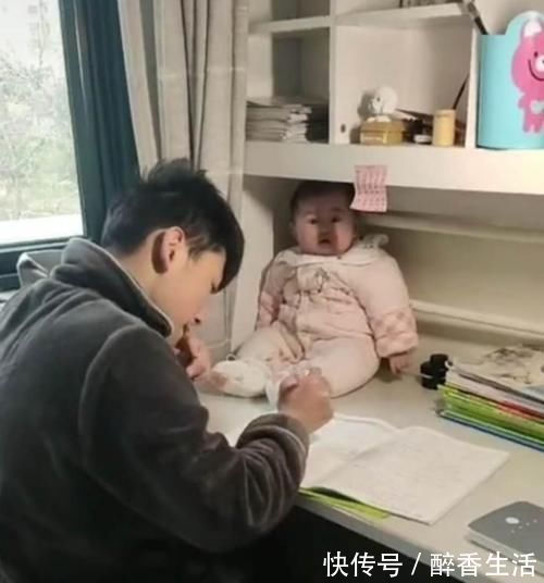 暖心|哥哥写作业太无聊,将妹妹拎桌上当“吉祥物”,相处画面超暖心