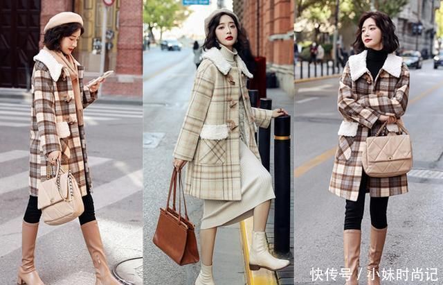 冬季加棉格纹毛呢大衣外套, 时髦减龄又显瘦, 穿出满满的少女感!