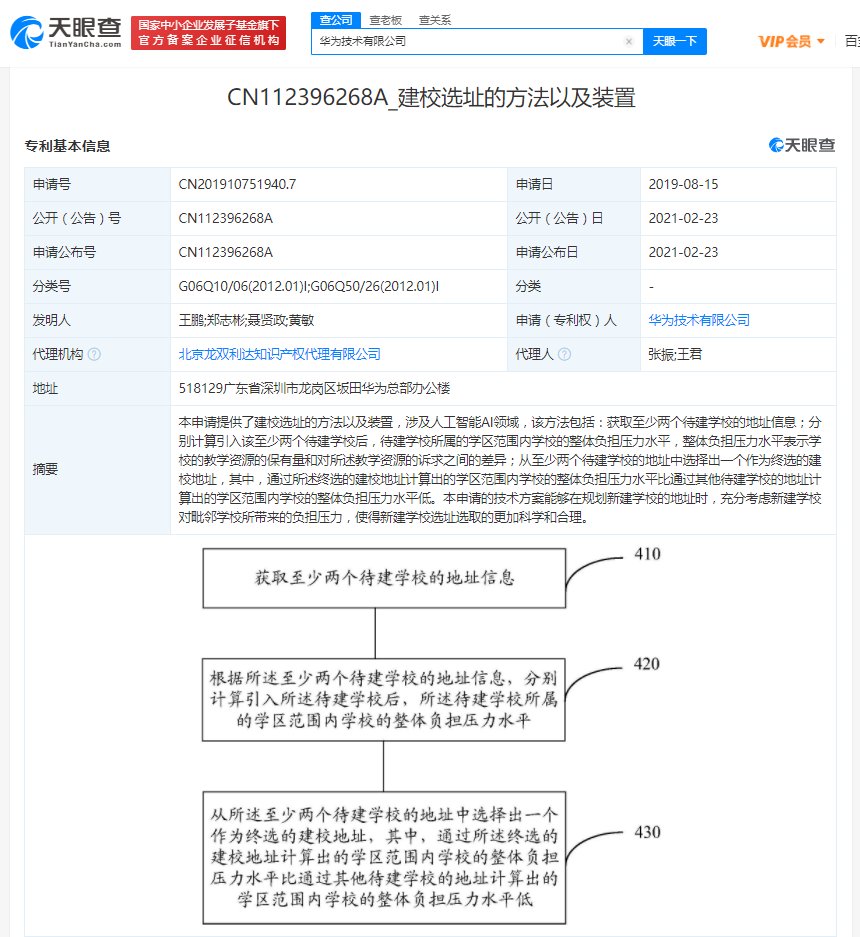 华为公开“建校选址的方法以及装置”专利，可使得新建学校选址更加科学合理