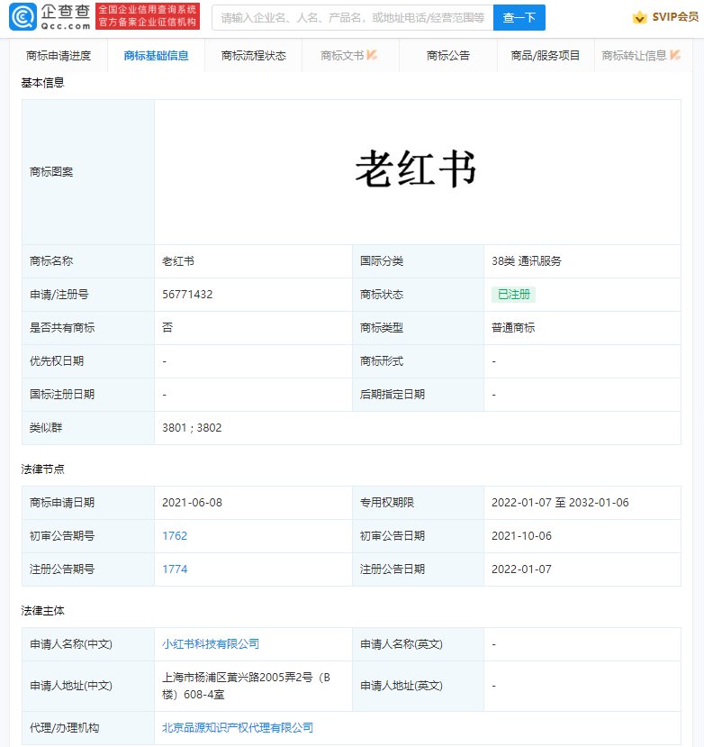 商标|小红书成功注册老红书商标