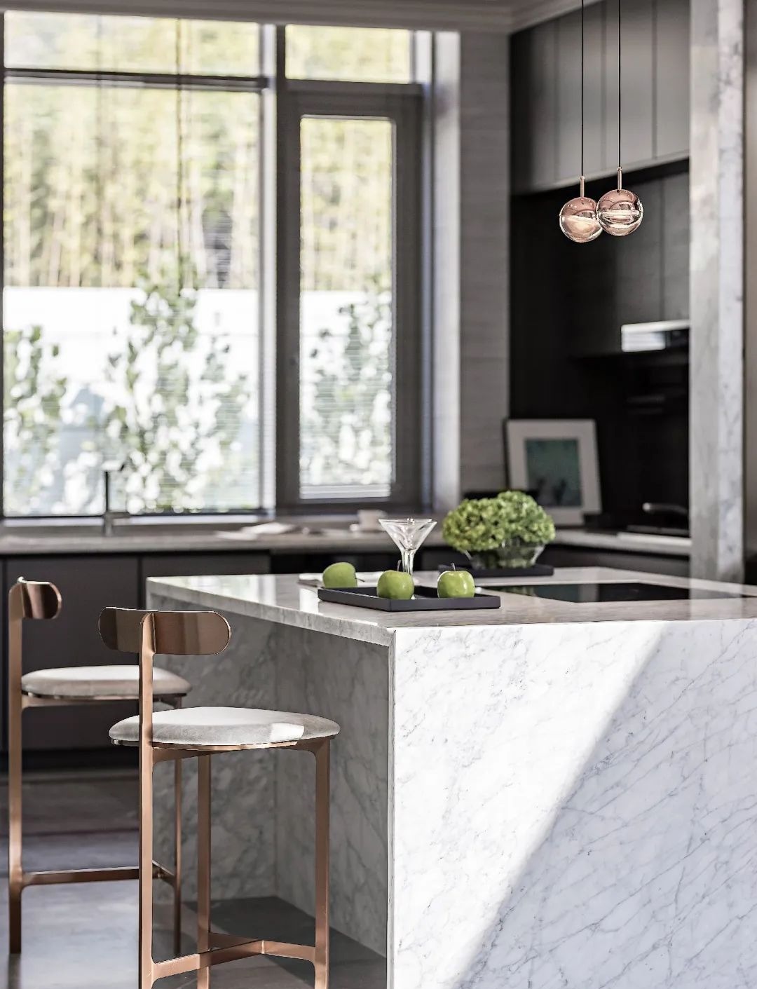 布置|900㎡现代轻奢,蓝绿色墙面+端庄软装,诗意档次!豪宅有人看吗?