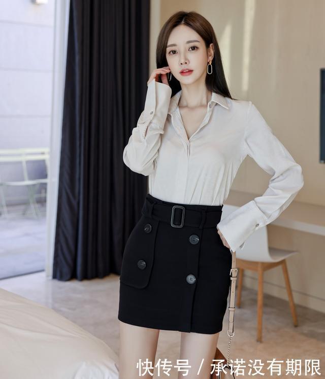 孙允珠|娉婷翻领真丝顺滑长袖衫,搭配束腰包臀裙,展现孙允珠卓越多姿