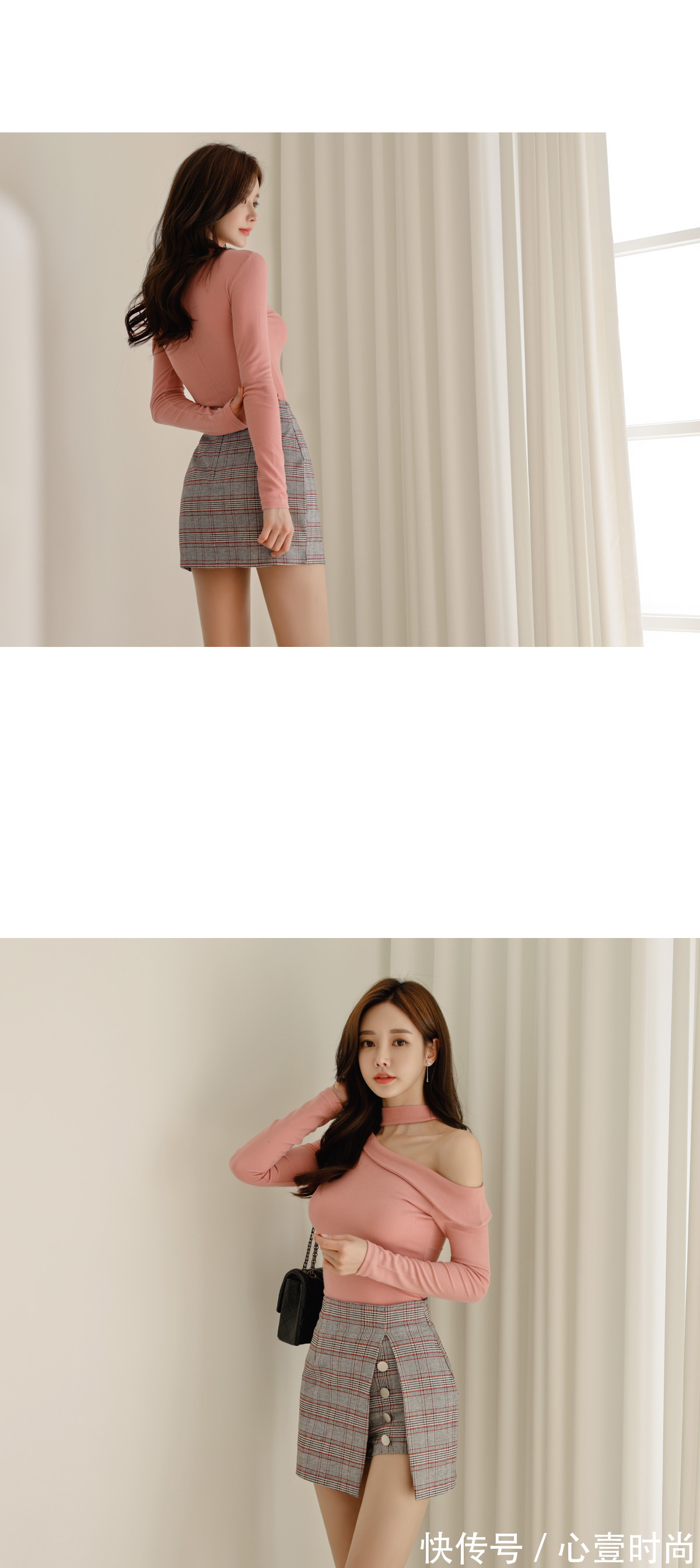 排扣|女神孙允珠时尚搭配:韩版时尚高腰显瘦包臀开叉侧排扣格子半身短裙