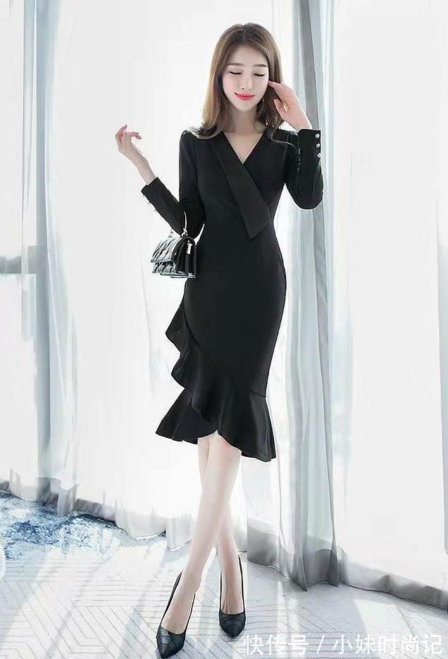 鱼尾连衣裙 秋季气质包臀鱼尾连衣裙,轻奢风格修身显瘦的黑色鱼尾裙