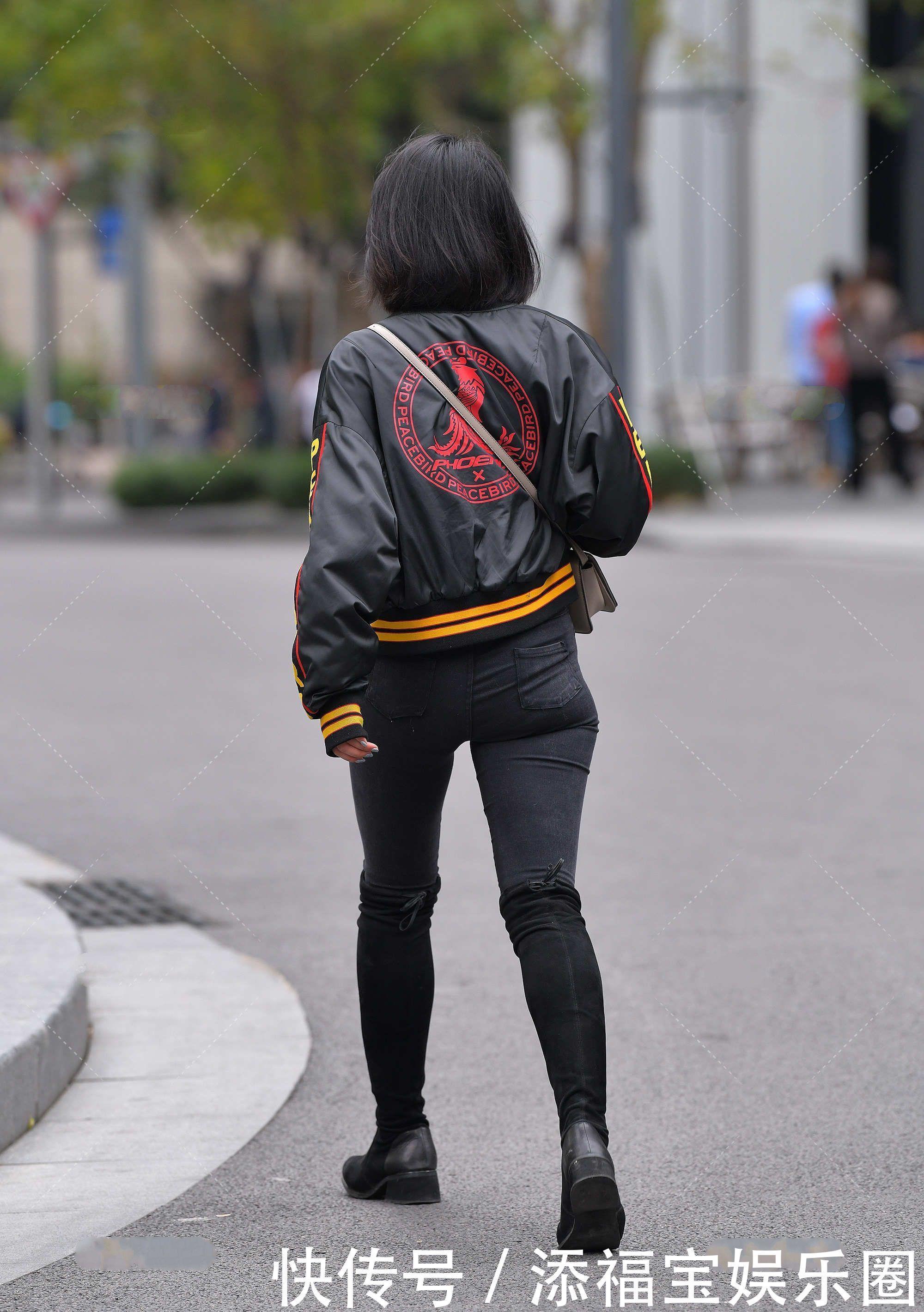 短款夹克衫混搭过膝长筒靴,显腿长