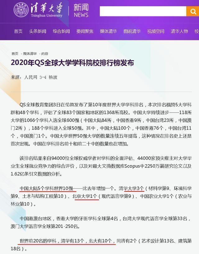 世界|2020年QS世界大学学科排名发布，世界前十学科，清华力压北大