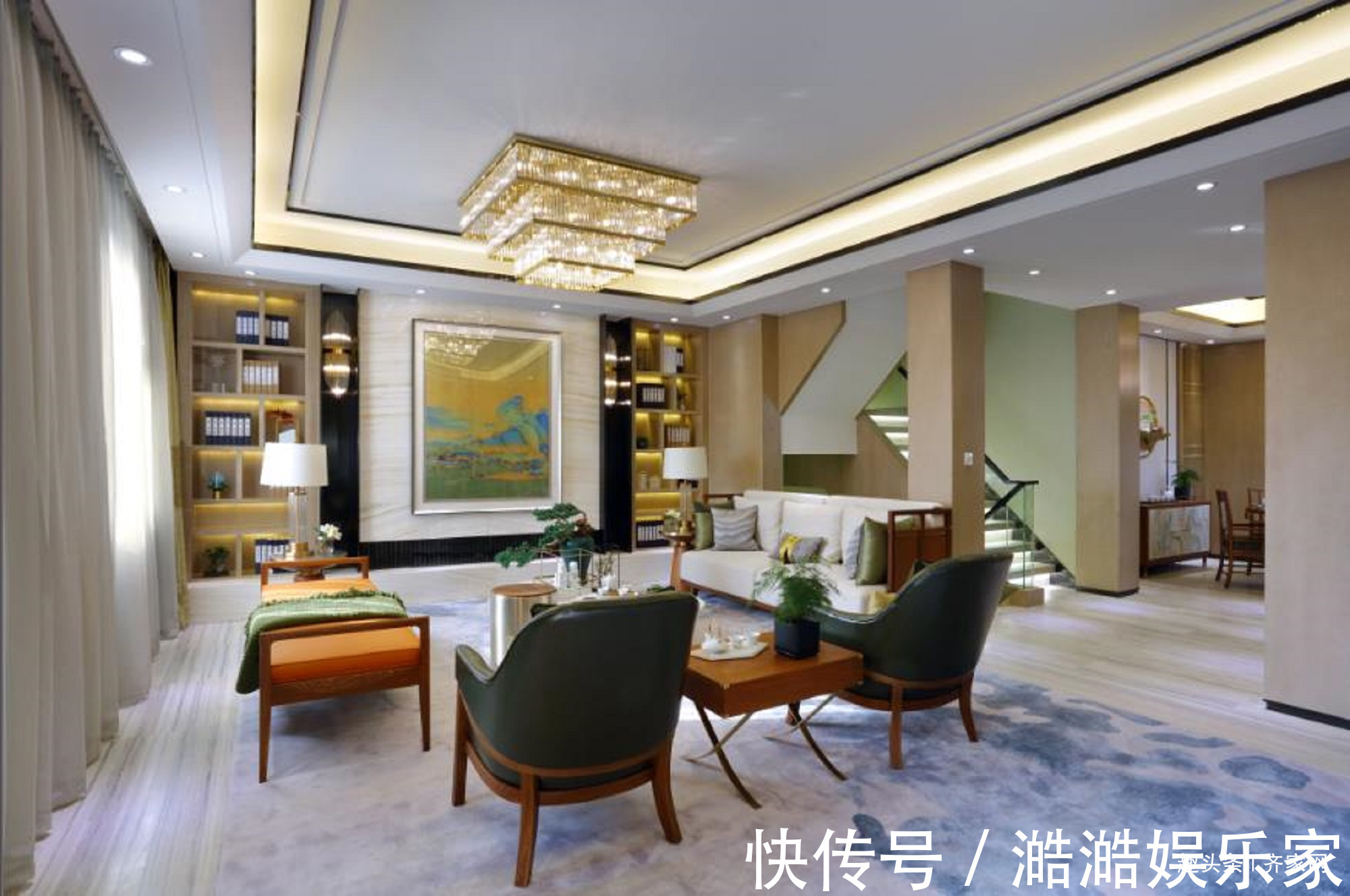 茶室|现代中式复式,花瓣式吊灯,茶室镂空置物隔断,打破中式严肃感!