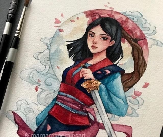 迪士尼|水彩手绘风的迪士尼公主,艾莎美得很冷艳,花木兰国风韵味很漂亮