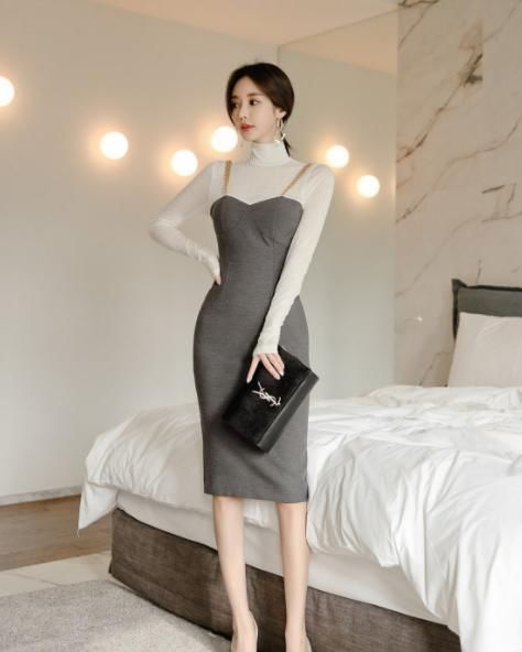拼接素雅的黑白灰搭配连衣裙,简约透视长袖更显穿搭俏皮魅力