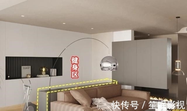 客厅|客厅和南次卧打通融合，清爽开阔，半墙设计重组空间，分出健身区