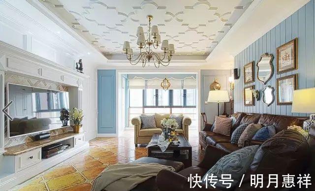 美式|143平米四室新房,蓝色背景墙,花纹吊顶,经典美式风格