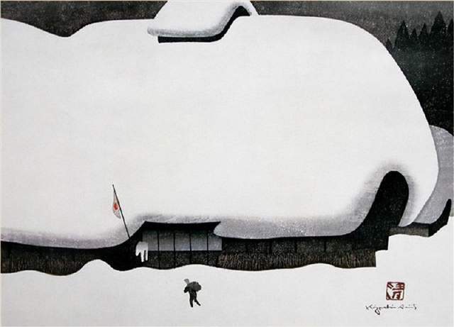 版画!日本近代版画大师斋藤清冬日雪景系列版画作品