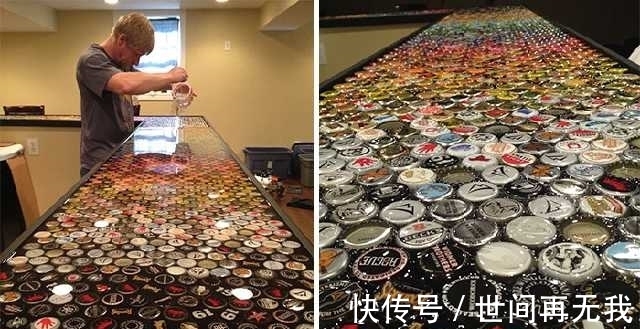 直击男子五年攒下2530个瓶盖，制作了一个别致的吧台