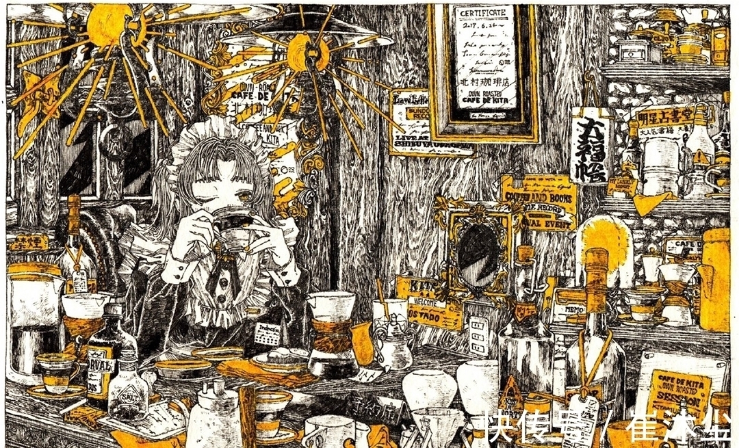 少女插画#线条感极强的少女插画,加一点黄色点缀非常的好看