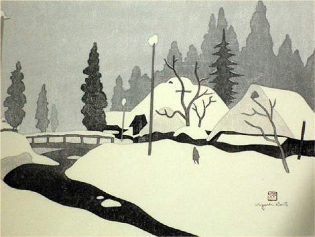 版画!日本近代版画大师斋藤清冬日雪景系列版画作品