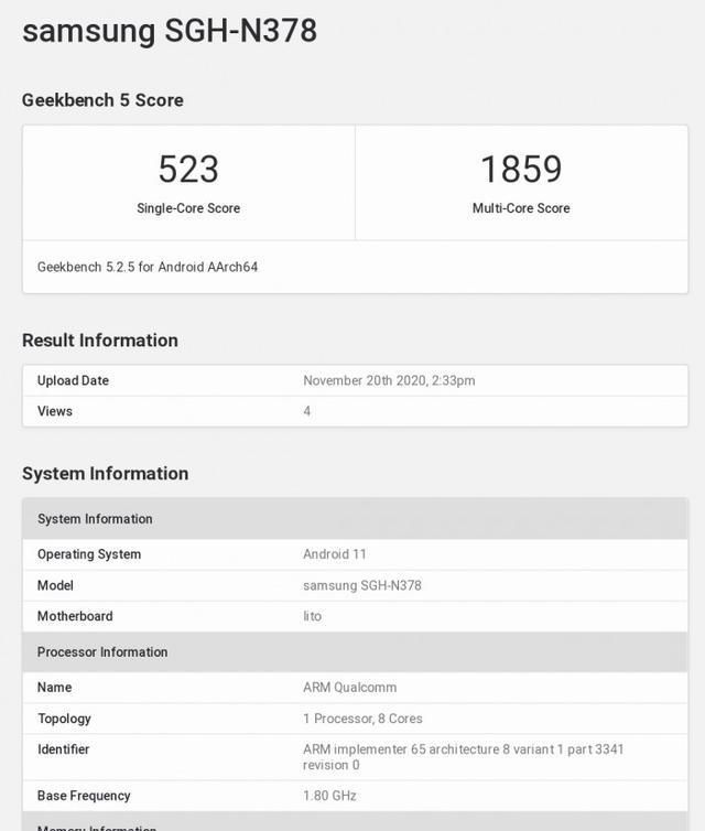 GeekBench|5G版三星SGH-N378 GeekBench跑分曝光：或搭载骁龙750G