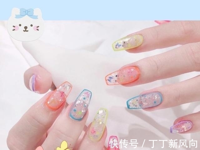 水钻|夏日漫画感透色美甲,色彩搭配很清爽,谁见谁不爱呢!