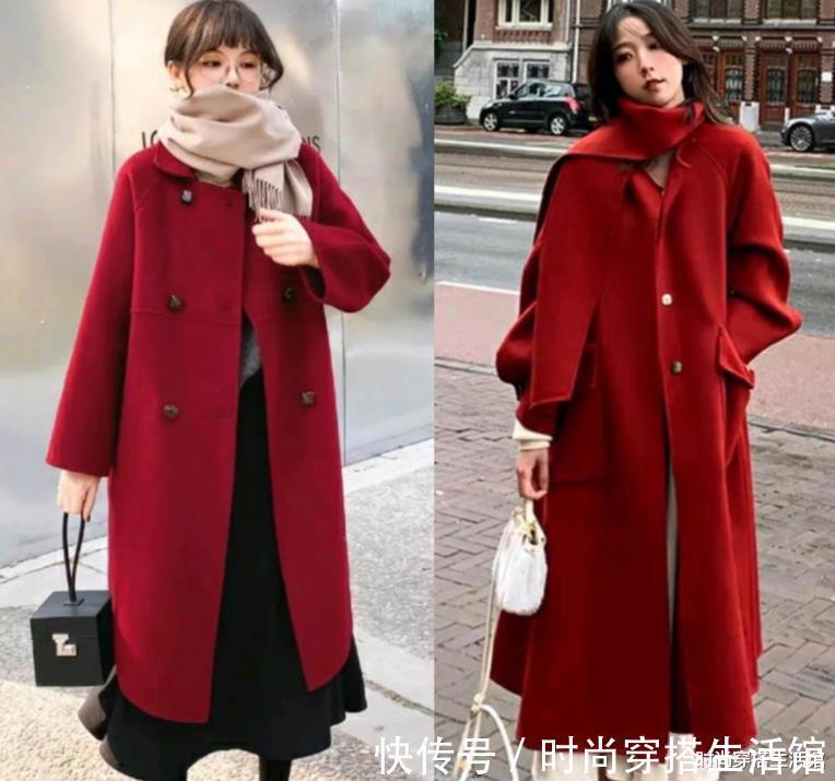 酒红色 小脚裤过时了,过年这样穿:红色外套+半裙,既显年轻又喜庆洋气