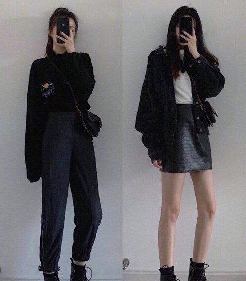 上下穿一身黑, 无论裙装还是裤装, 都能展现出早春气息