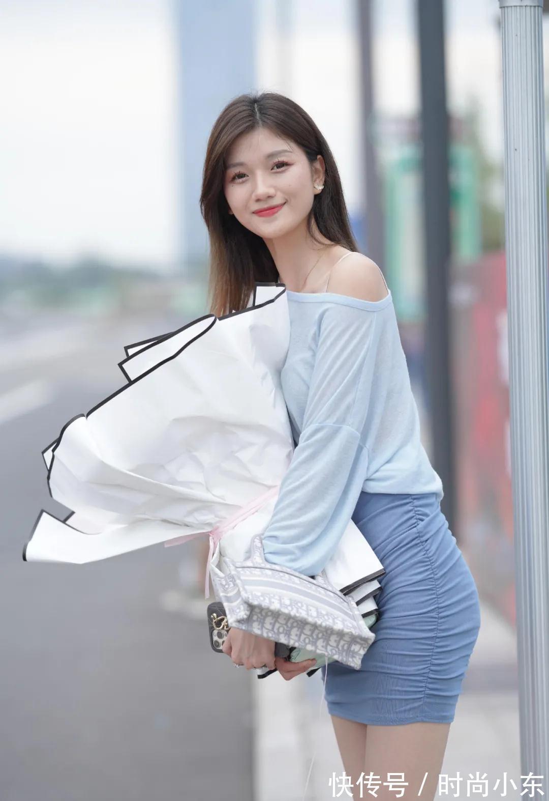 包臀裙 高跟包臀裙小美女,手捧鲜花朝气蓬勃